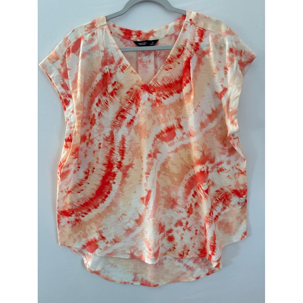 Simply Vera Vera Wang Orange Tie Dye V-Neck Blouse XL Cap Sleeve Pleated Back